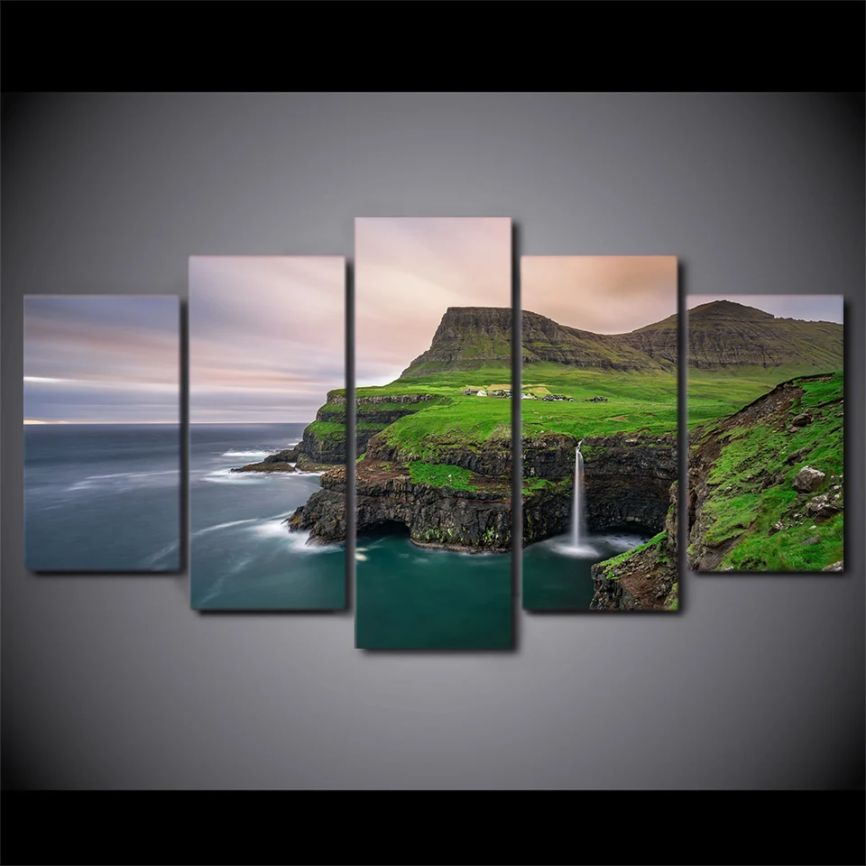Холст HD печати плакатов Wall Art 5 шт. Фарерские острова Gasadalur Водопад для живописи