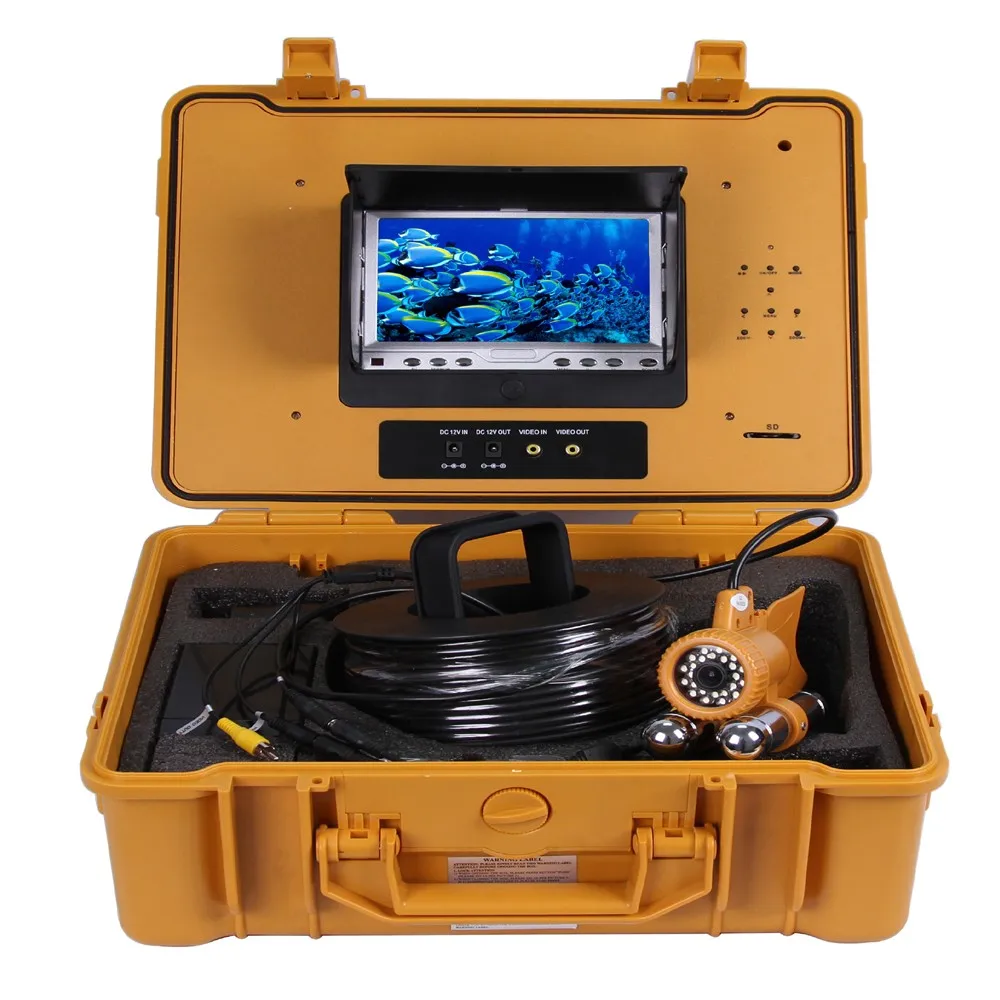 100 метров глубина подводного Рыбалка Камера комплект с двойной привести бар и 7 дюймов Мониторы с DVR встроенный и желтый твердых пластмасс Case