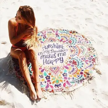 

2016 New Beach Cover Up Round Tassel Cotton Pareo Beach Towel Beach Mat Shawl Yoga Mat Summer Letter Sarong Cloak Bathing Suit