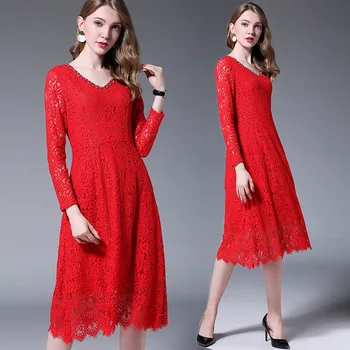 

Autumn dress Fashion ladies elegant Lace Dress plus size Beaded V neck A-line dress party beautiful temperament vestidos L-5XL