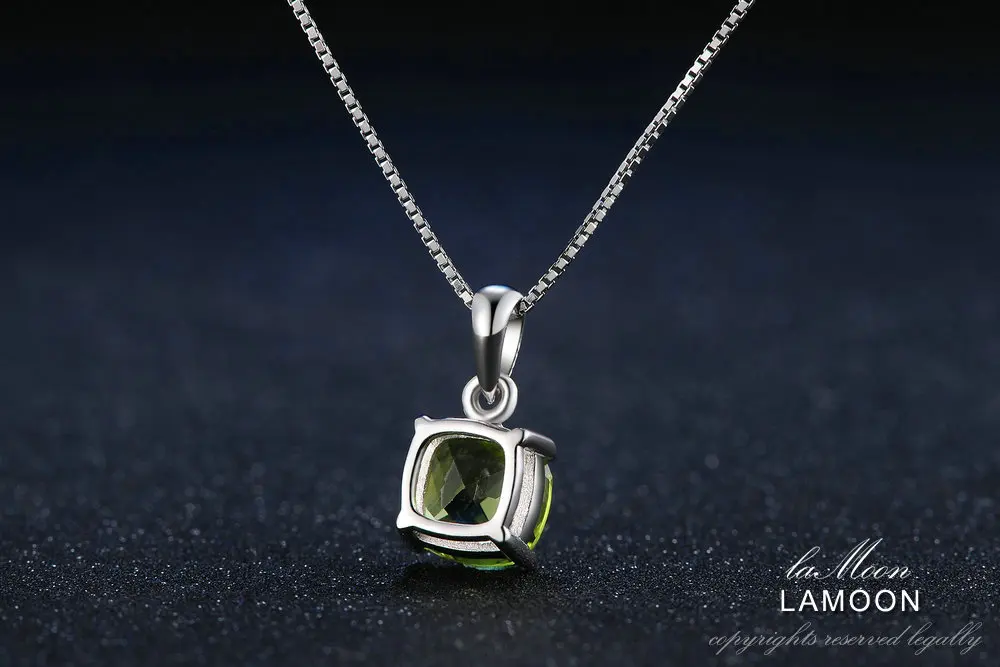 Lamoon 7 мм Природные квадратным перидот 925 пробы серебро простой кулон цепь Цепочки и ожерелья Для женщин ювелирные изделия S925 LMNI037
