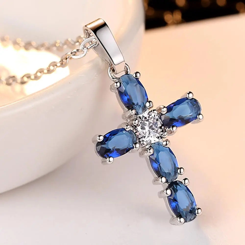 

Beiver Fashion Blue Cubic Zirconia Cross Pendant Necklaces for Women Jewelry Necklaces Party Decoration Is Customized