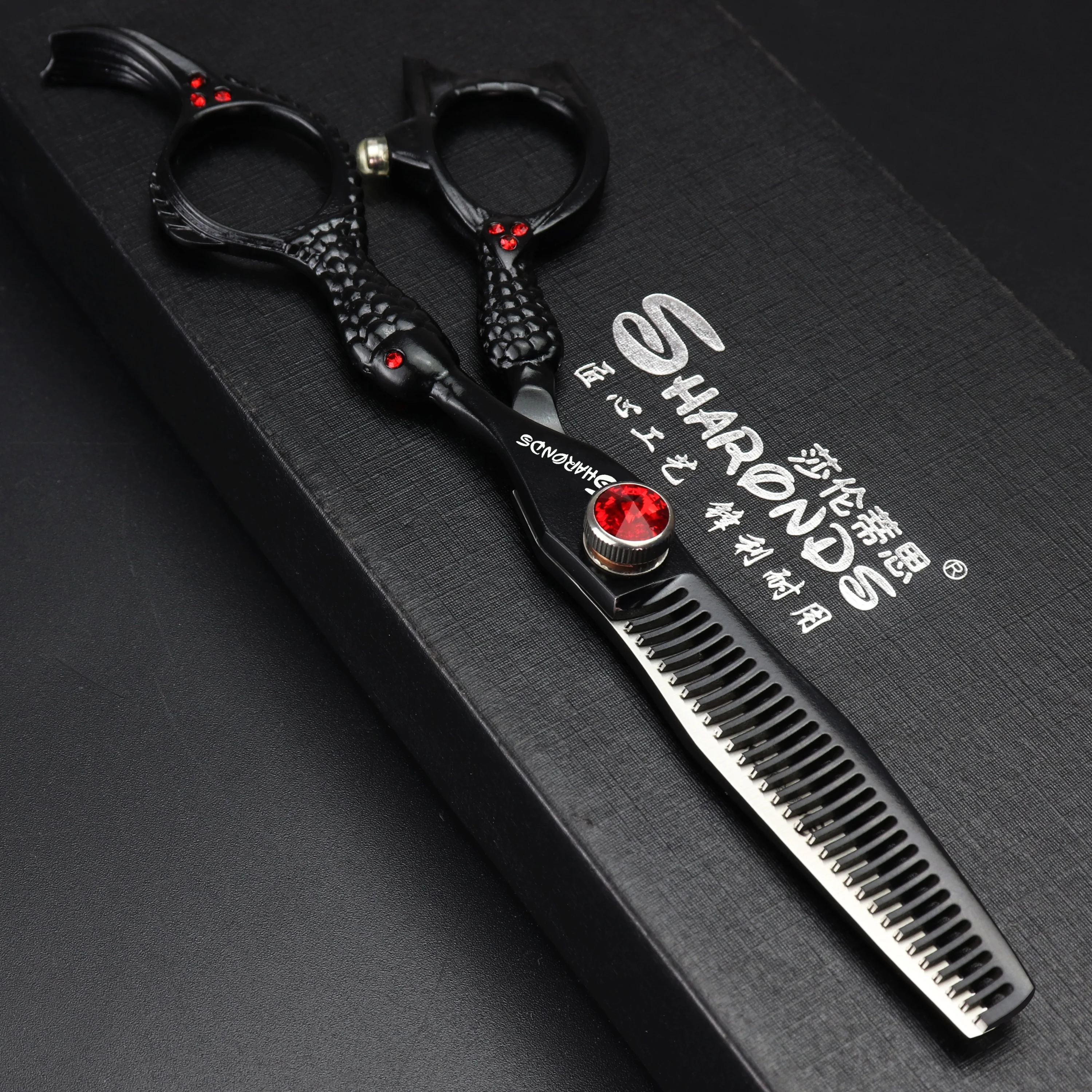 6 дюймов ножницы для волос профессиональные черные парикмахерские стрижка резка ножницы Клипер истончение комплект 440c Рубин Парикмахерская салон стилист - Цвет: thinning