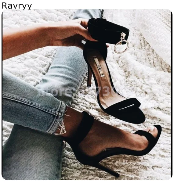 Black Suede Woman sandals ankle strap high heels metal ring decor sexy pump stiletto cover heel female party show shoes open toe