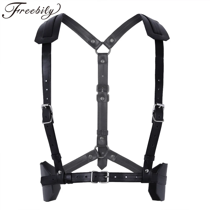 

Mens Adjustable Soft Imitation Leather Shoulder Body Chest Harness Belt Punk Bondage Costume Straps with O Rings and Buckles