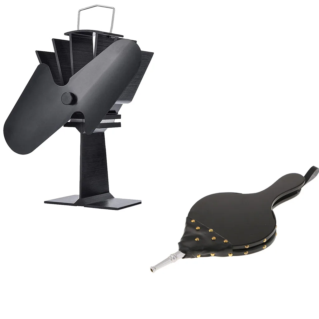

1Pcs 2 Blades Fireplace Stove Fan + 1Pcs Hand Bellows Fire Tool Set for Outdoor Campfire Barbecue BBQ Chimney Grill