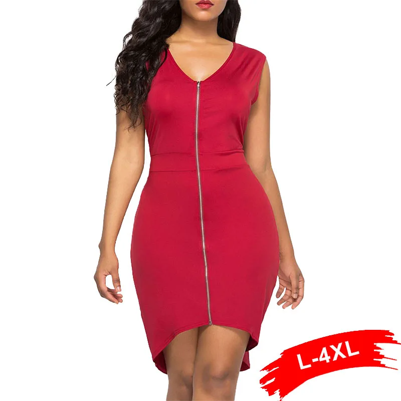 Plus Size Wine Red Bodycon Front Zipper Dress 3Xl 4Xl Sexy V Neck
