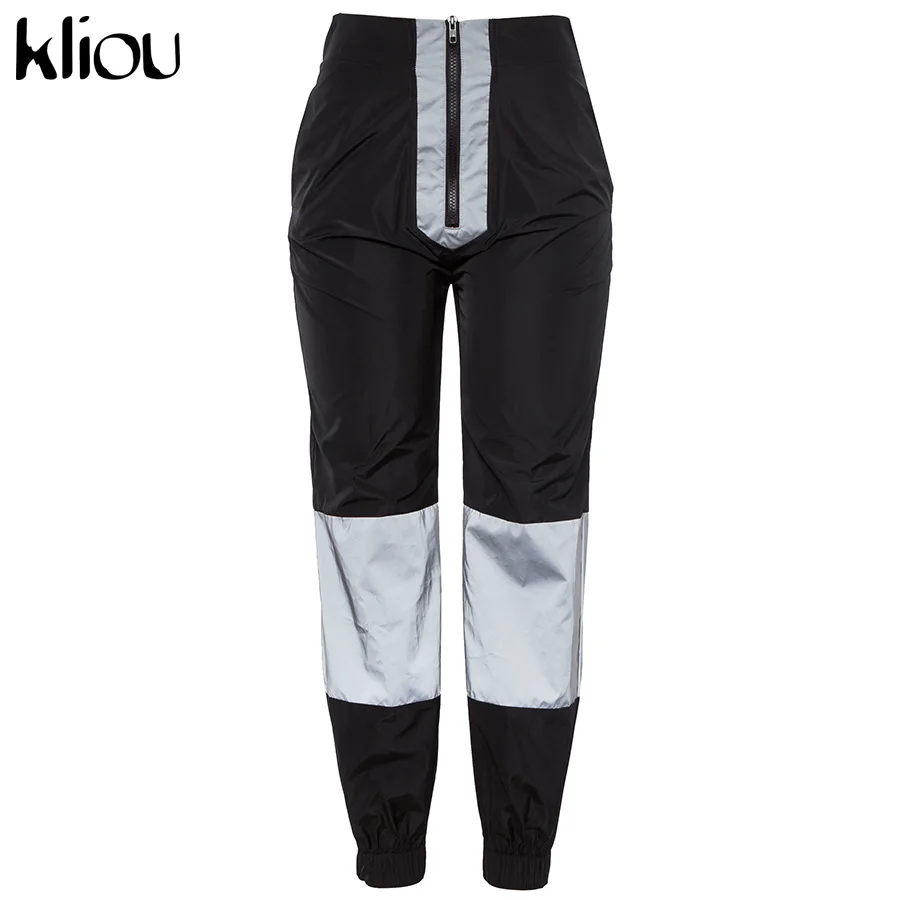 Kliou Новые женские модные длинные брюки со светоотражающими вставками на молнии повседневные штаны на высокой талии