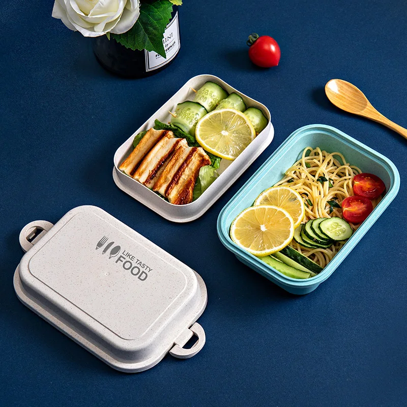 

Buckle Design Lunch Box Eco-friendly Wheat Material High Capacity Rectangle Microwave Heated Bento Box Kid Food Container
