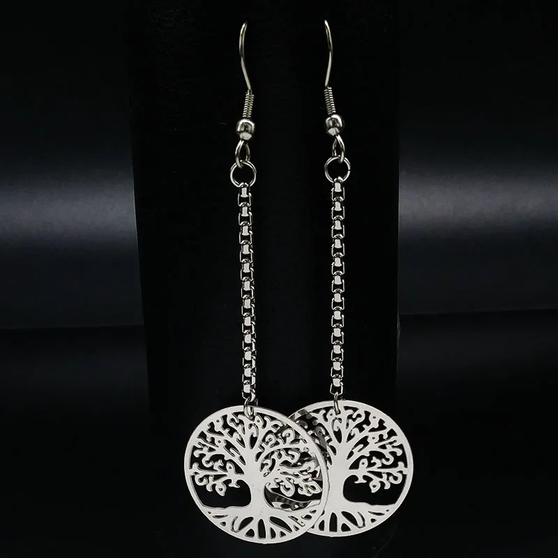 

2019 Silver Color Stainless Steel Long Drop Earrings Women Tree of Life Earring Women Jewelry longues boucles d'oreilles E612145