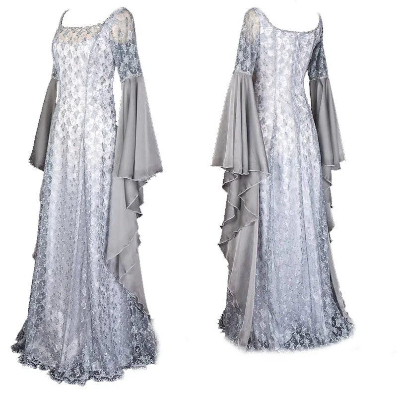 

Women Vintage Gothic Punk Dress Lace Stitching Masquerade Gown Long Flare Sleeve Dress Cosplay Halloween Costume Dress