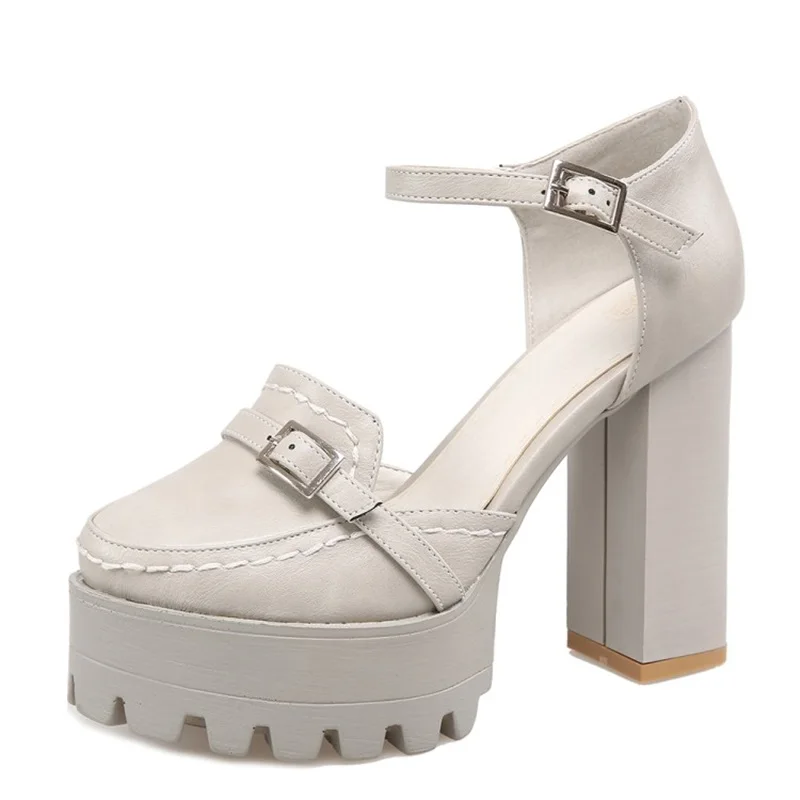 

Lady's Punk Retro Platforms Extreme High Heels White Grey Buckle Strap Square Heel Closed Toe Pumps Women Summer Shoes