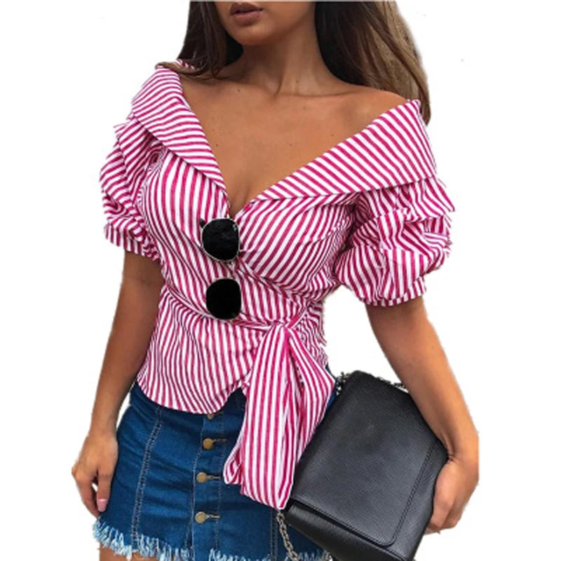 

Women's cardigan stripe splicing lace-up lapel short-sleeved summer shirt vintage streetwear office ladies shirt vestidos 2019
