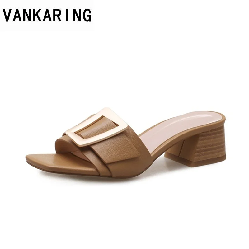 

VANKARING women shoes fashion summer meddle heels shoes woman square heel shoes open toe woman mule ladies casual date
