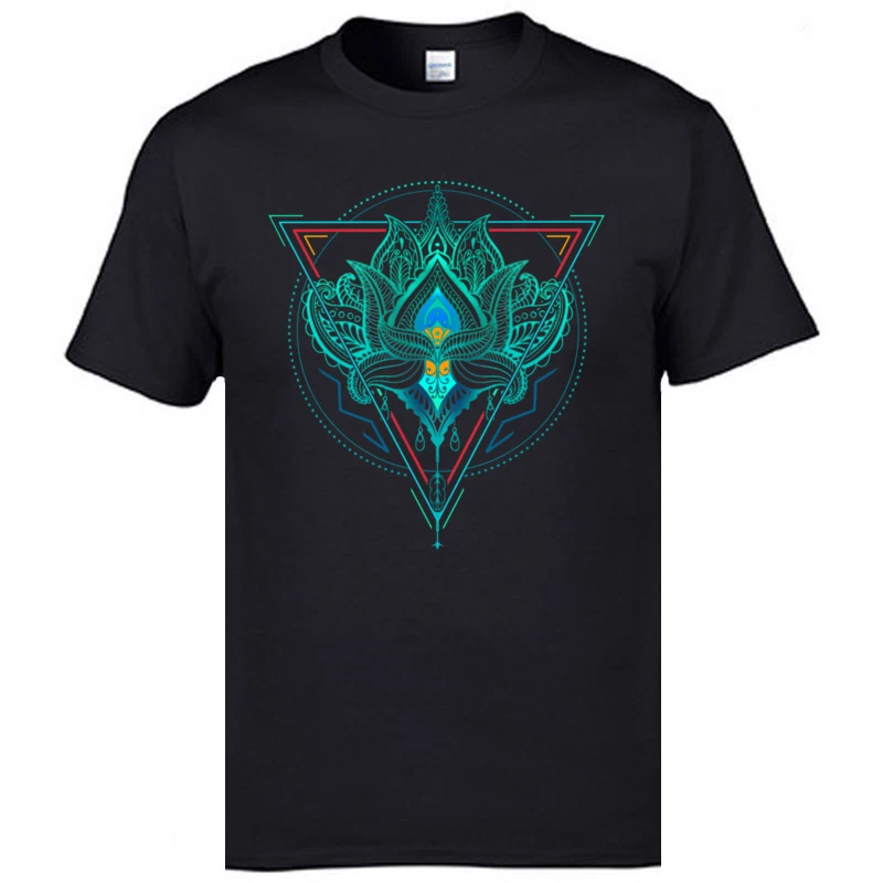 Unique O-Neck Tshirts Summer Fall Tops & Tees Short Sleeve 2018 Fashion Cotton Fabric Street Tops Tees Hip hop Men Lotus The Flower Of Life in Triangle black