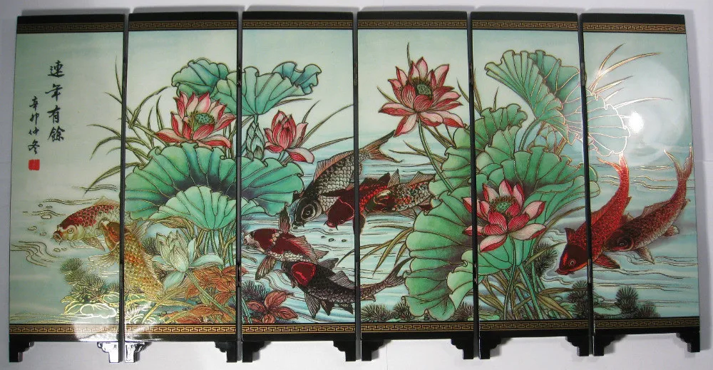 Desk decorative chinese fish and lotus 6 panel folding screen | Дом и сад