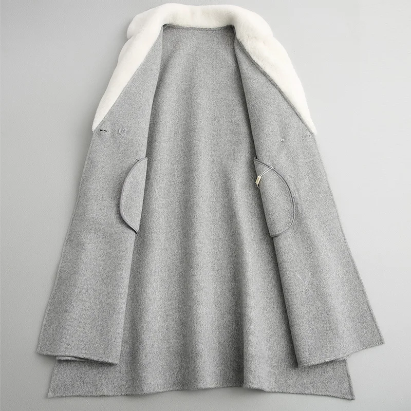 AYUNSUE 2018 New Fashion Wool Coat Female Autumn Long Double-sided Wool Coats Winter Women Lamb Fur Collar casacos 38032 WYQ1740