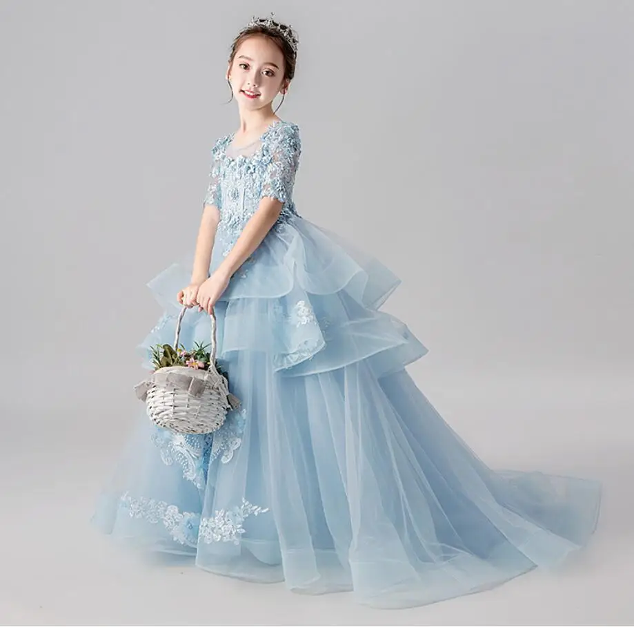 Голубое и белое фатиновое платье с цветочным узором для девочек вечерние платья принцессы на свадьбу платья для первого причастия с коротким рукавом HW2353