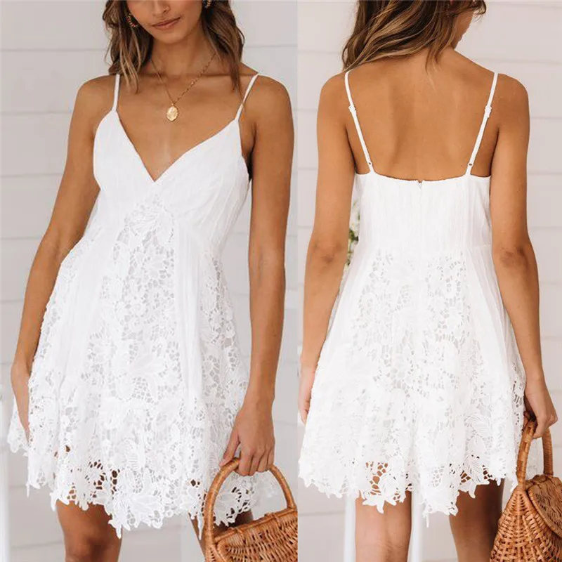 

Elegant White Dress Lace Hollow Out Retro Womens Sexy Backless Sleeveless V-Neck Lace Solid Camis Mini Dress Women Clothes