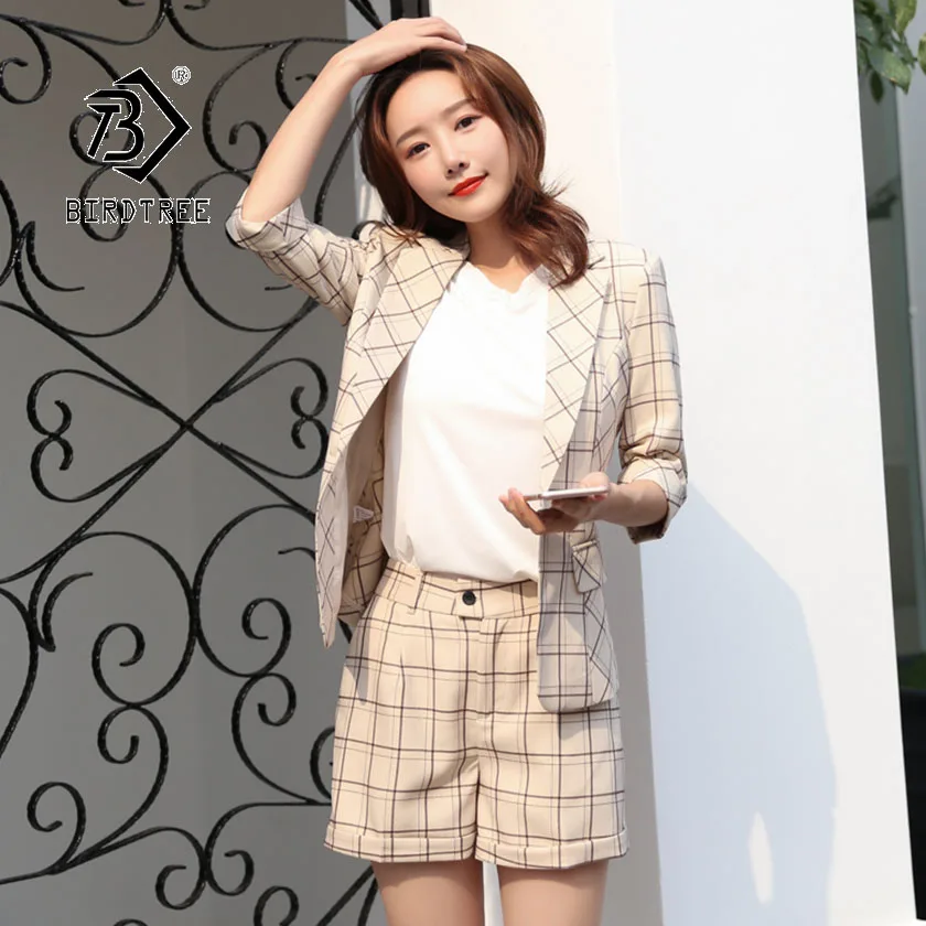

2019 Summer Women's Blazer Short Pants Suit Plaid Button Pocket Design Half Sleeve Notched OL Casual Two Pieces Set Tops S96950D