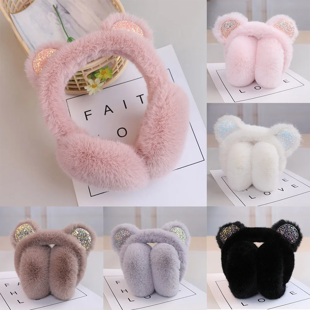 Women Girls Earmuffs Winter Warm Cute Cat Ear hick Solid Soft Plush