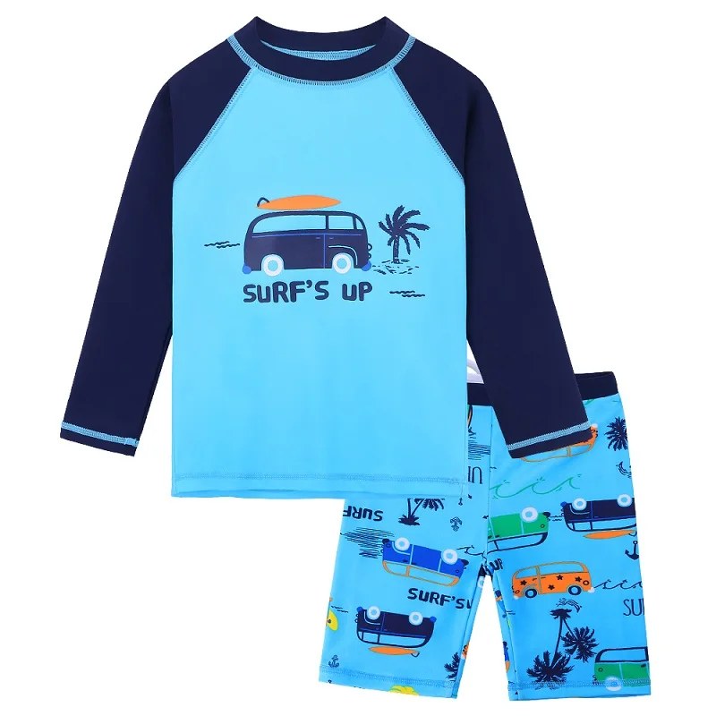 BAOHULU/купальный костюм для мальчика с рисунком из мультфильма, 2 предмета, детский купальный костюм с длинными рукавами для мальчиков, пляжная одежда для мальчиков, купальный костюм - Цвет: blue car
