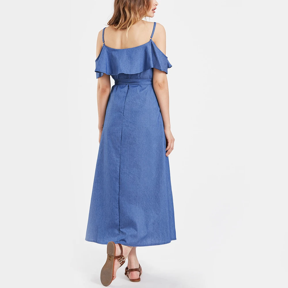 Fashion Women Summer jean Dress Ruffle Spaghetti Strap Open Shoulder Long Slim Denim Dress Fashion Women Summer jean Dress Ruffle Spaghetti Strap Open Shoulder Long Slim Denim Dress