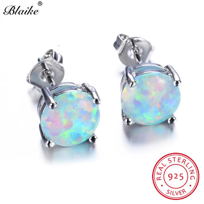 

Blaike 100% 925 Sterling Silver White Fire Opal Stud Earrings For Women Fine Jewelry 8MM Round Stone Studs Birthstone Earrings