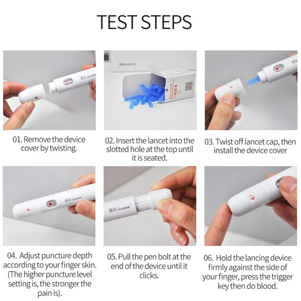 10 шт. Sinocare модернизированный ланцет с регулируемыми 9 настройками глубины и 500 ланцетов для анализа уровня глюкозы в крови