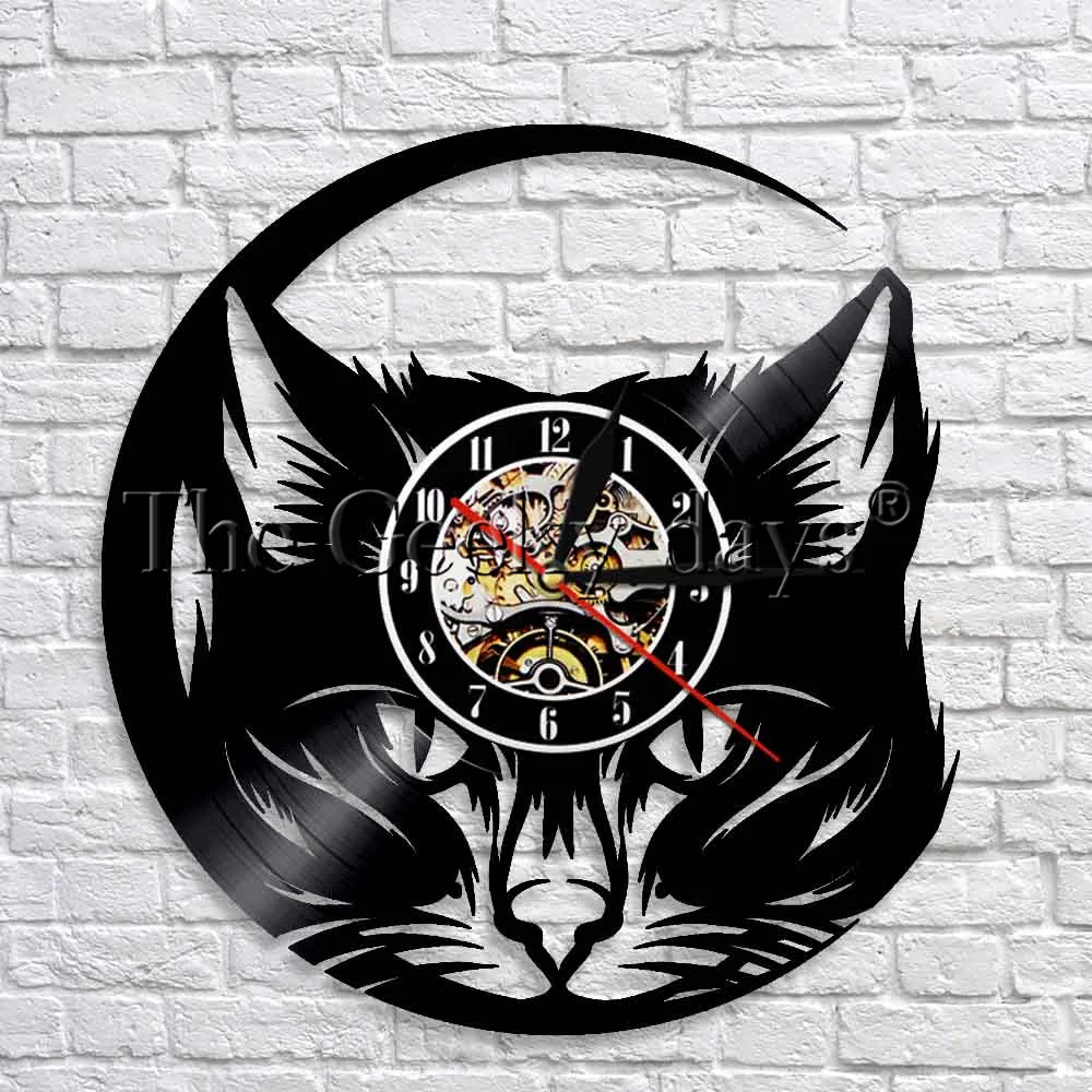1 шт. 1" настенные часы с кошачьей головой Черный кот Виниловая пластинка LP Настенный декор для кошачьего магазина винтажные животные Светящиеся Настенные Часы