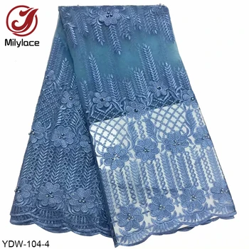 

Milylace African lace fabric 5 yards high quality floral embroidery mesh lace fabric with beads and stones for dresses YDW-104