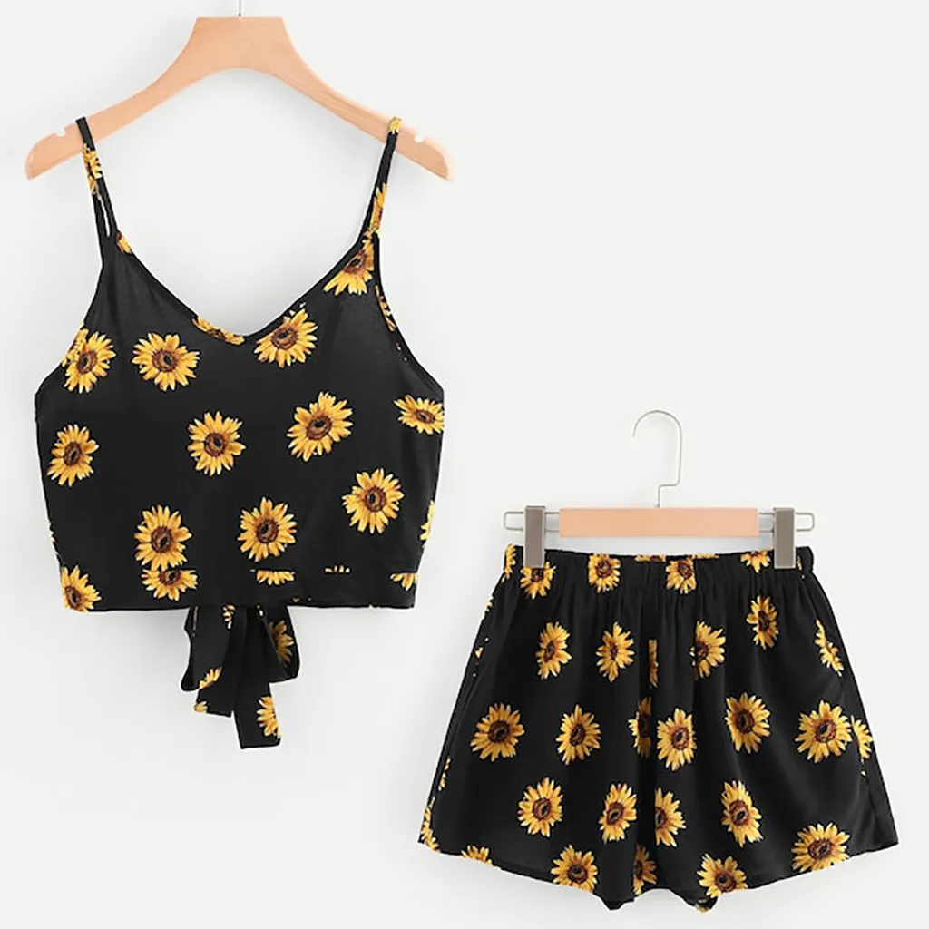 

2 piece set women 2019 female summer suit Sleeveless Crop Cami Tops Blouse+Cord Shorts Outfit Set Sports women's suit