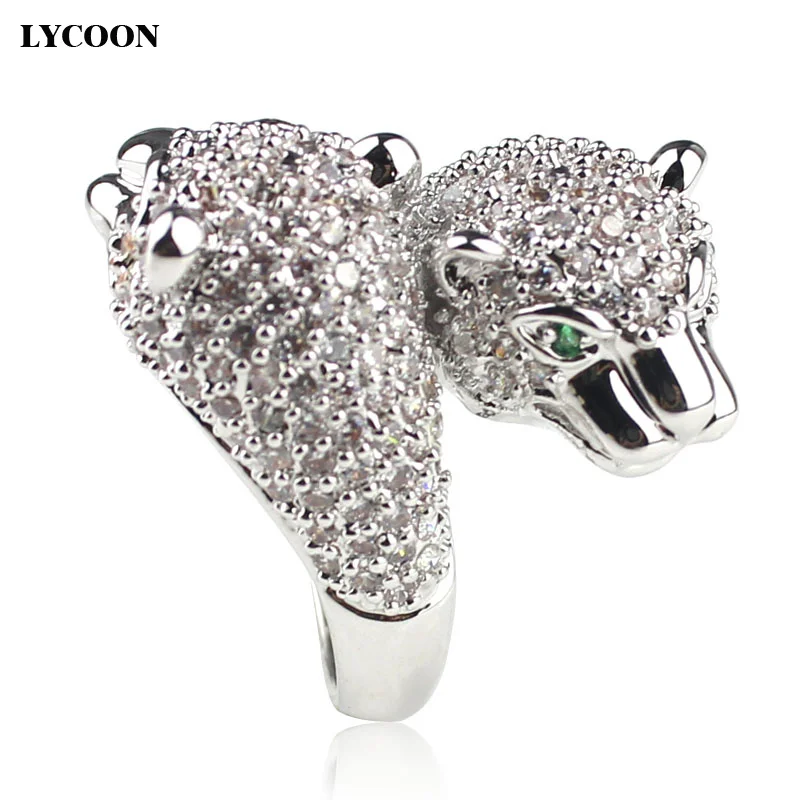

Hot sale women's leopard ring luxury brand Double leopard head rings silver plated with Austrian Cubic Zirconia Rings Party ring