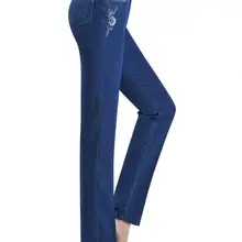 Эластичные женские джинсы с высокой талией, вышитые хлопковые брюки, Осенние рабочие женские прямые джинсовые штаны большого размера, женские A0136