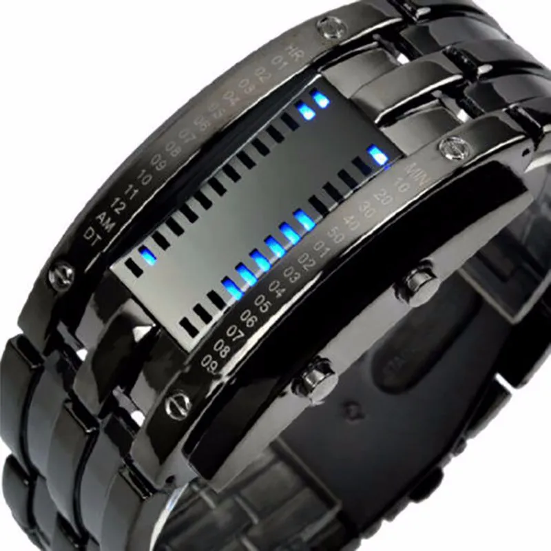 Будущее технология Binary Часы для мужчин's Женский, Черный Нержавеющая сталь Дата Цифровой светодио дный светодиодный браслет спортивные