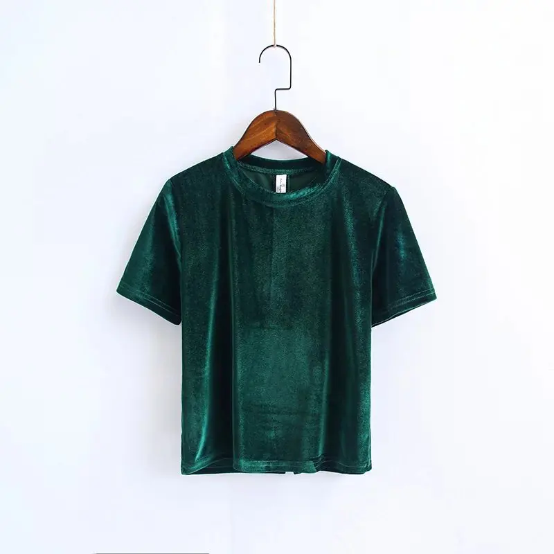 Летний бархатный топ, женская футболка, модная футболка с коротким рукавом и разрезом сзади, женские повседневные велюровые топы, футболки - Цвет: Зеленый