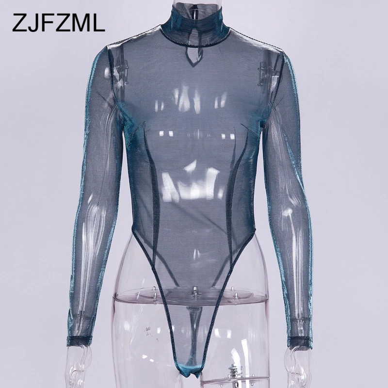 Transparent Mesh Shiny Sexy Bandage Bodysuit Women Long Sleeve Turtleneck Rompers Womens Hollow Out Club Bodycon Jumpsuits