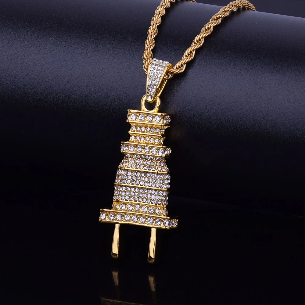 Для Мужчин's со Льдом Bling штекер ожерелье, подвеска из золота цвет серебра талисман микро проложить кольцо со стразами в стиле «хип-хоп» ювелирные изделия