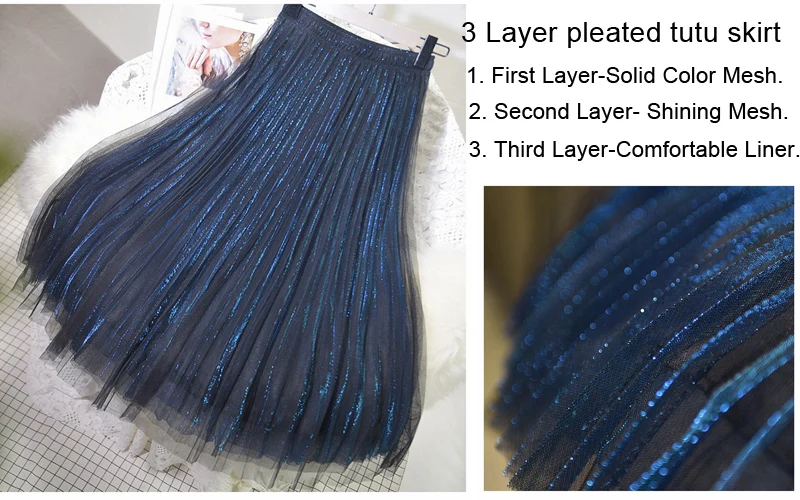 Women's 3 Layer Bright Tulle Skirt Ladies Korean High Waist Shining Tutu Skirt Pleated Mesh Midi Skirts Faldas Autumn