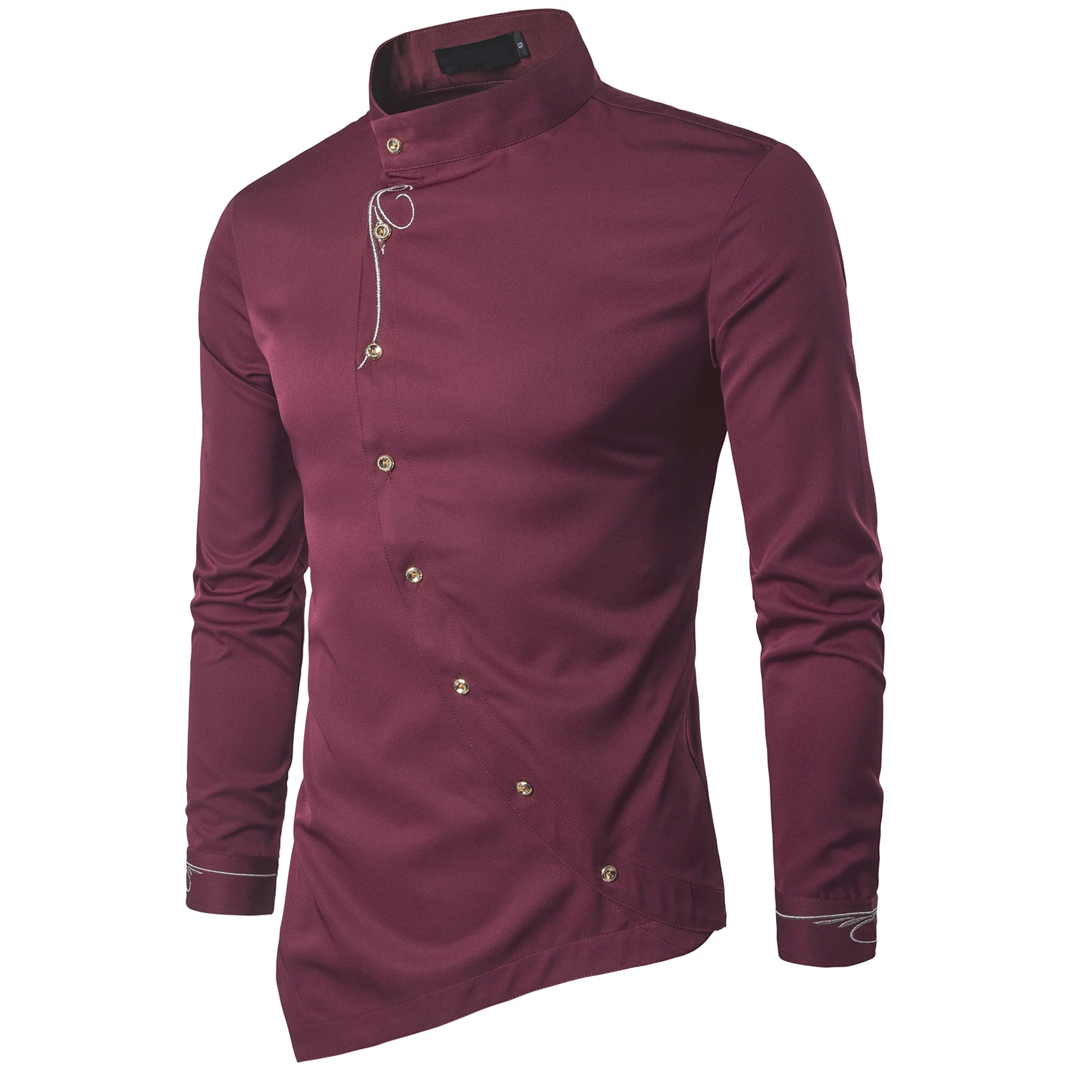 Модная мужская рубашка брендовая индивидуальность Наклонный воротник мандарина мужской смокинг рубашки с длинными рукавами для мужчин большие размеры 2XL - Цвет: wine red