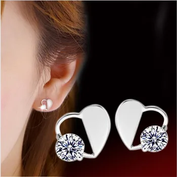 

TJP 100% 925 Sterling Silver Earrings For Women Party Jewelry Charm Crystal Heart Female Stud Earrings Girl Lovers Christmas Hot