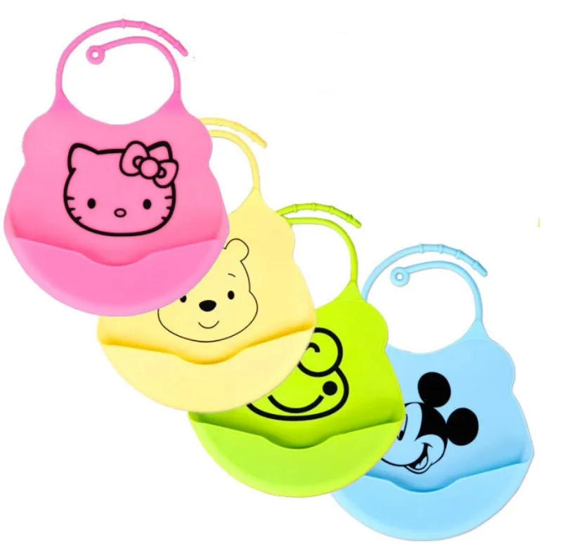 

4Colors New Design Baby Bibs Waterproof Silicone Feeding baby Apron Cute Animal Kitty Mickey Cartoon Waterproof Aprons Baby Bibs