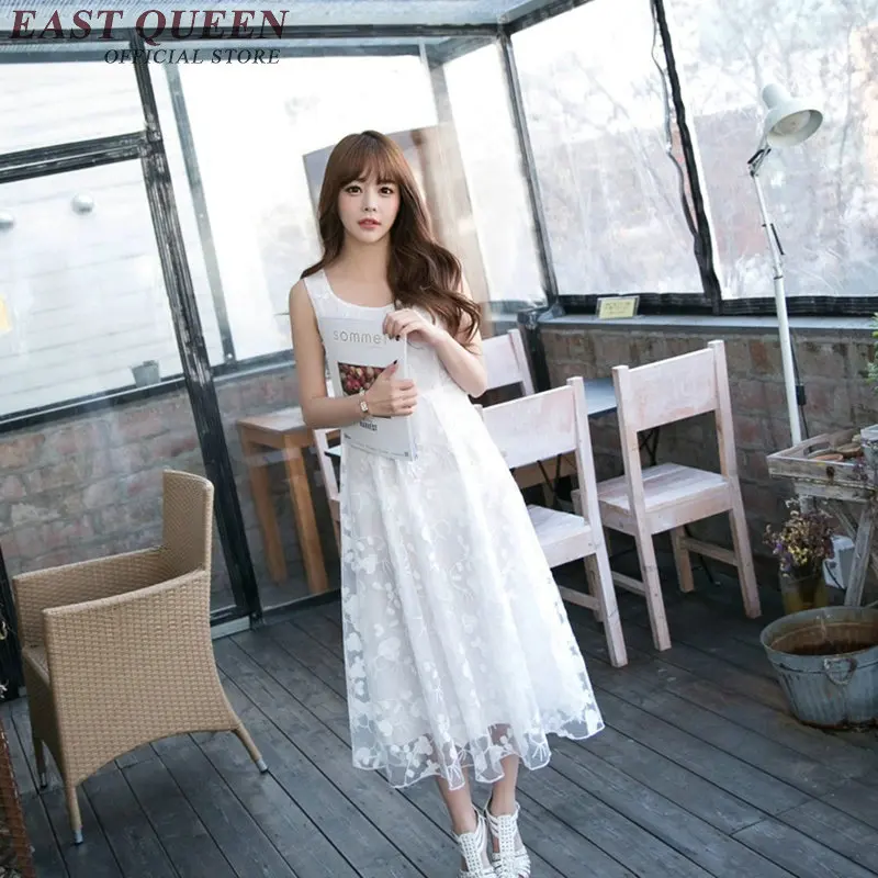 

Cute white lace sundress A Line Long White Sundress Sleeveless Party Dress Vestido Woman Summer Beach Dress NN0479 CE