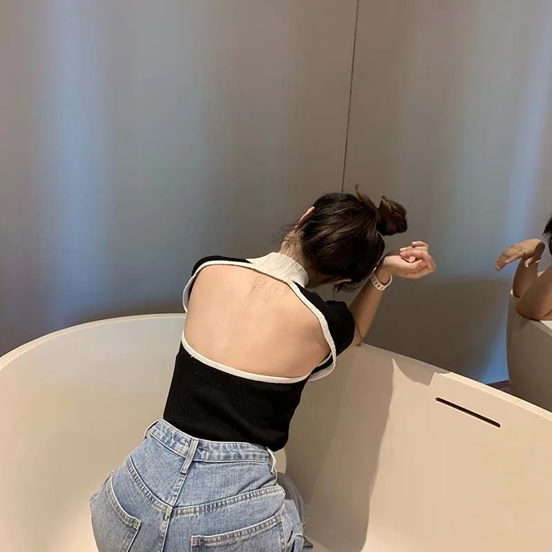

summer tops 2019 korean style back sexy slim color patchwork short-sleeve knit t-shirts womens tee shirt femme (R11030)