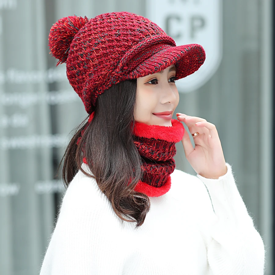 Новые зимние наборы шарф шапка для женщин Винтажная вязаная Дамская бейсболка для девушек уличная теплая шапка с помпоном Женские однотонные кольца шарфы