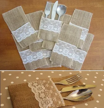

Hessian Rustic Wedding Burlap and Lace Cutlery Silverware Holder Pocket/ fork/knife/spoon burlap sack(21 *10CM)