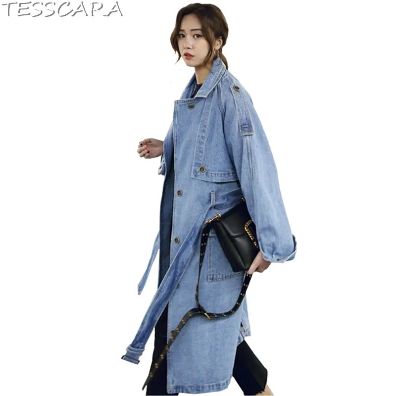 

TESSCARA Autumn & Spring Women Fashion Long Denim Trench Casual Cotton Jeans Coat Female Overcoat Windbreakers Outerwear & Coats