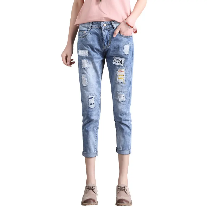 Очень хорошее качество свободные Джинсы с прорехами женщина джинсы 2018 осень Новый плюс Размеры рваные Харен джинсовые штаны Для женщин