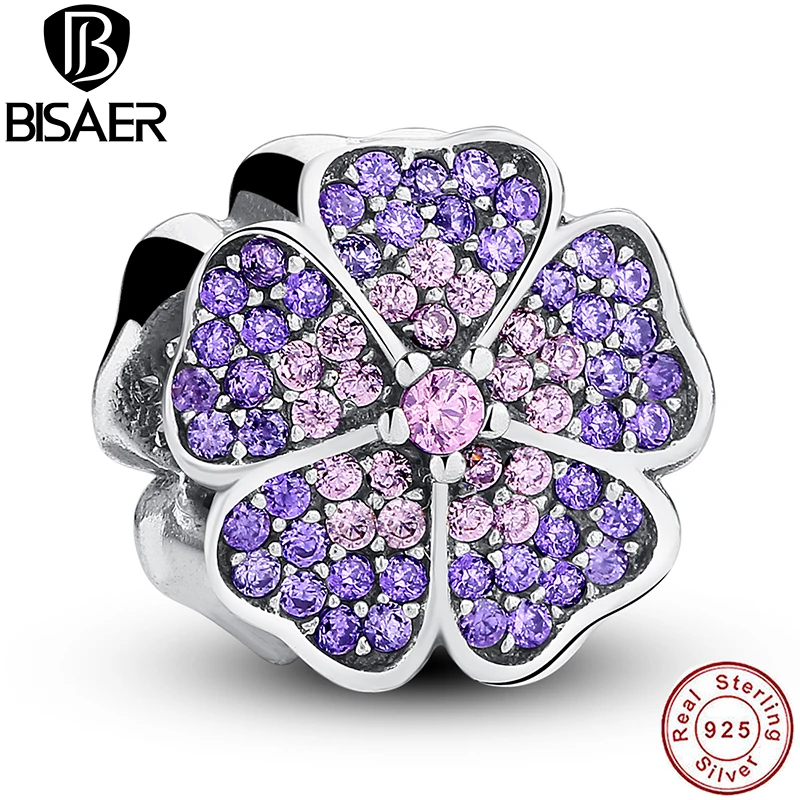 925 Sterling Silver Sparkling Primrose Pink Purple CZ Charm Fit Bracelet Jewelry Making PAS024