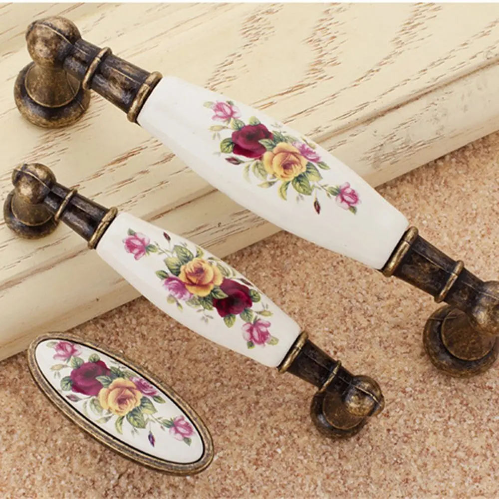 Vintage Ceramic Door Handles Rural Flower White Bronze Furniture